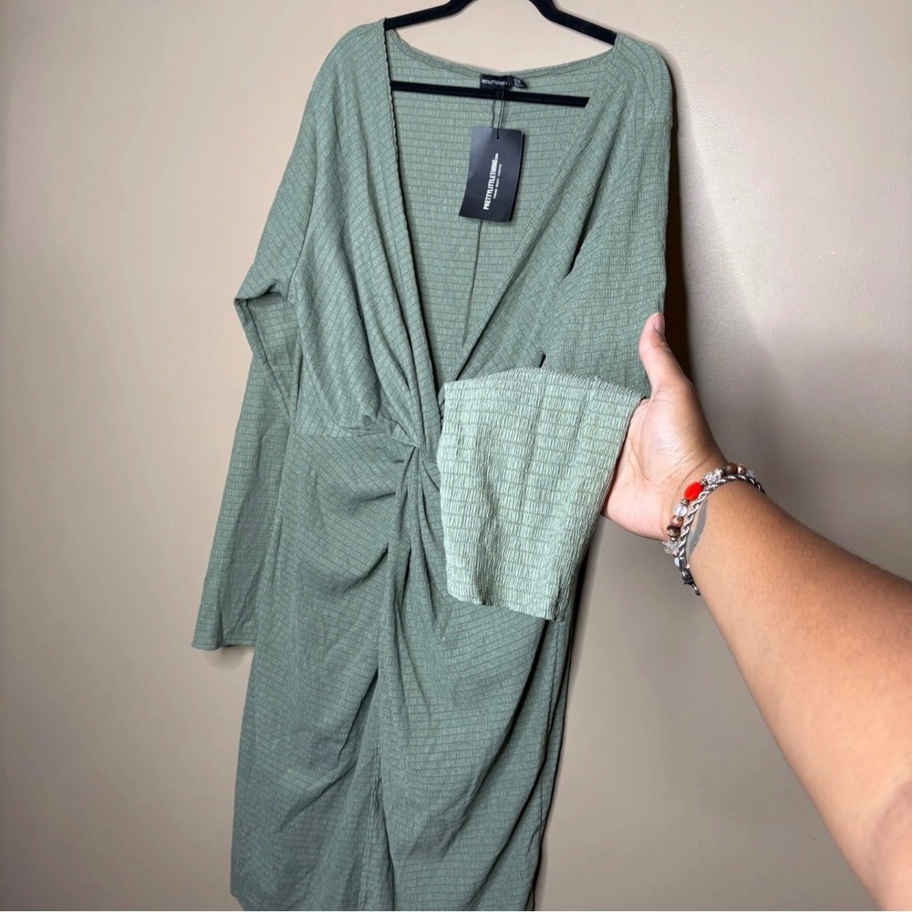 PrettyLittleThing Plus Sage Textured Wrap Front Dress US 22 NEW Date Night Party - Picture 3 of 7